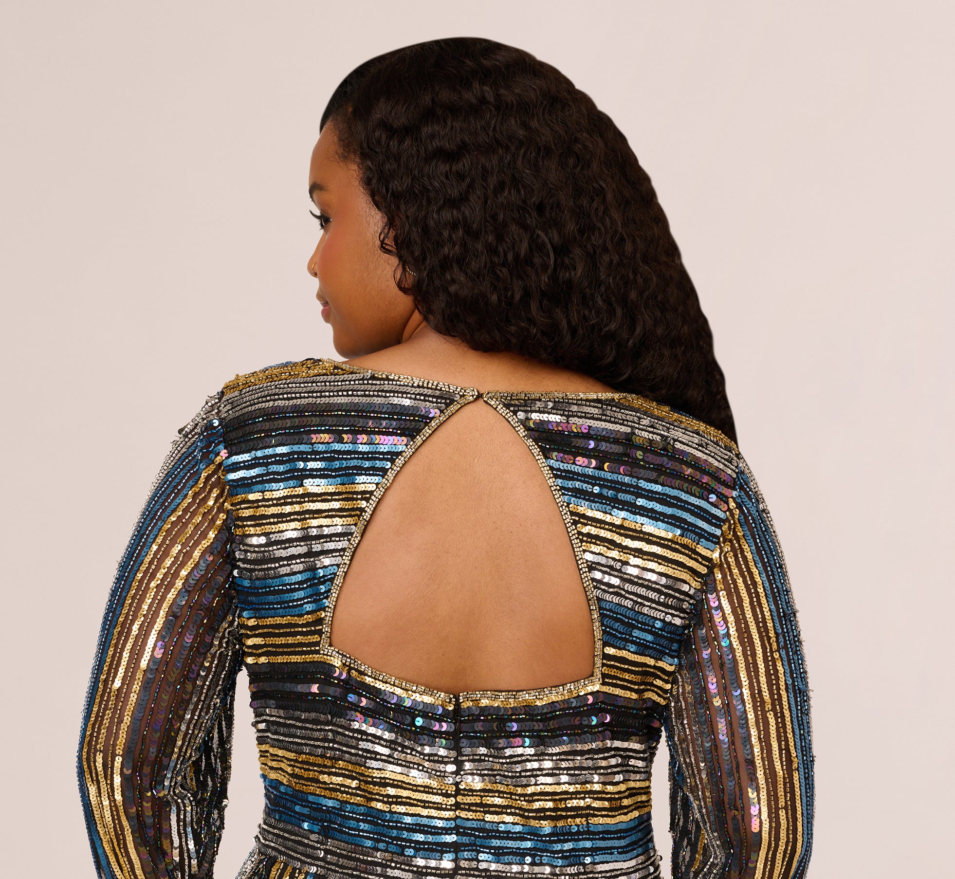 Plus Size Sequin Beaded Sheath Dress With Sheer Long Sleeves In Black Blue Multi、mySite、solidvoid