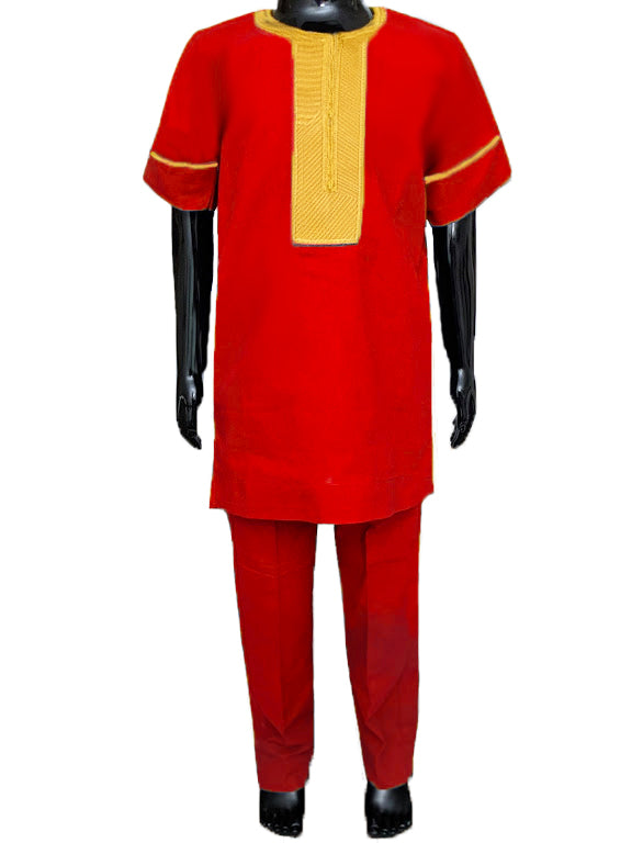 Red African Embroidered Dashiki Shirt Pants with Gold Embroidery、mySite、solidvoid