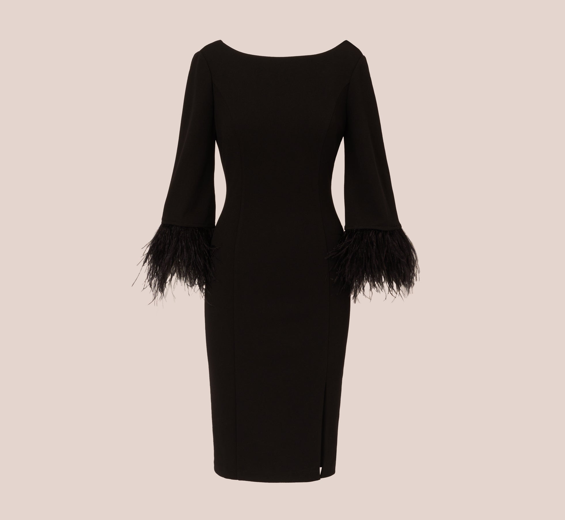 Crepe Sheath Dress With V-Back And Feather-Trim Sleeves In Black、mySite、solidvoid