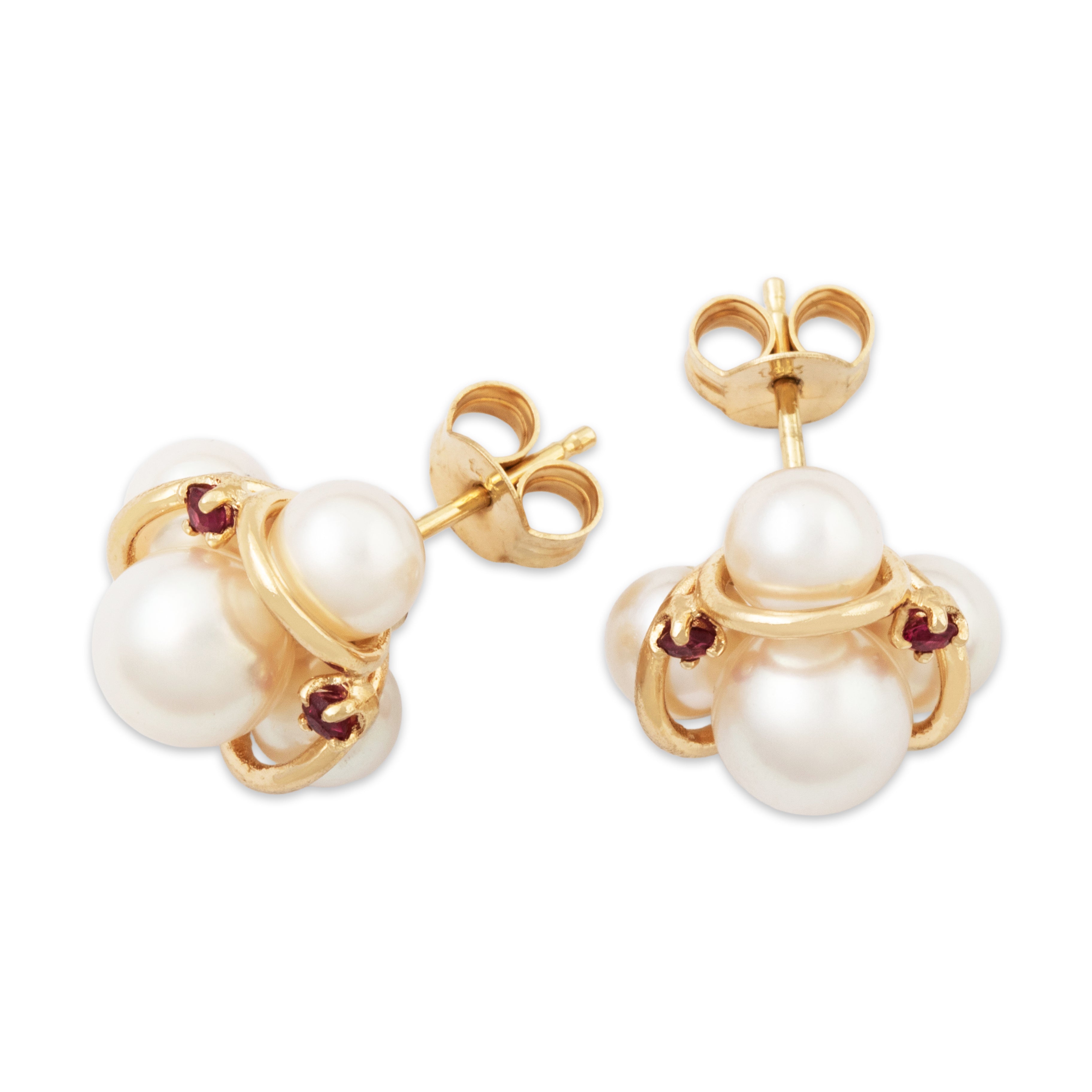 Vintage 14k Yellow Gold Pearl Ruby Lustrous Trio Stud Earrings、mySite、hinf8tx79