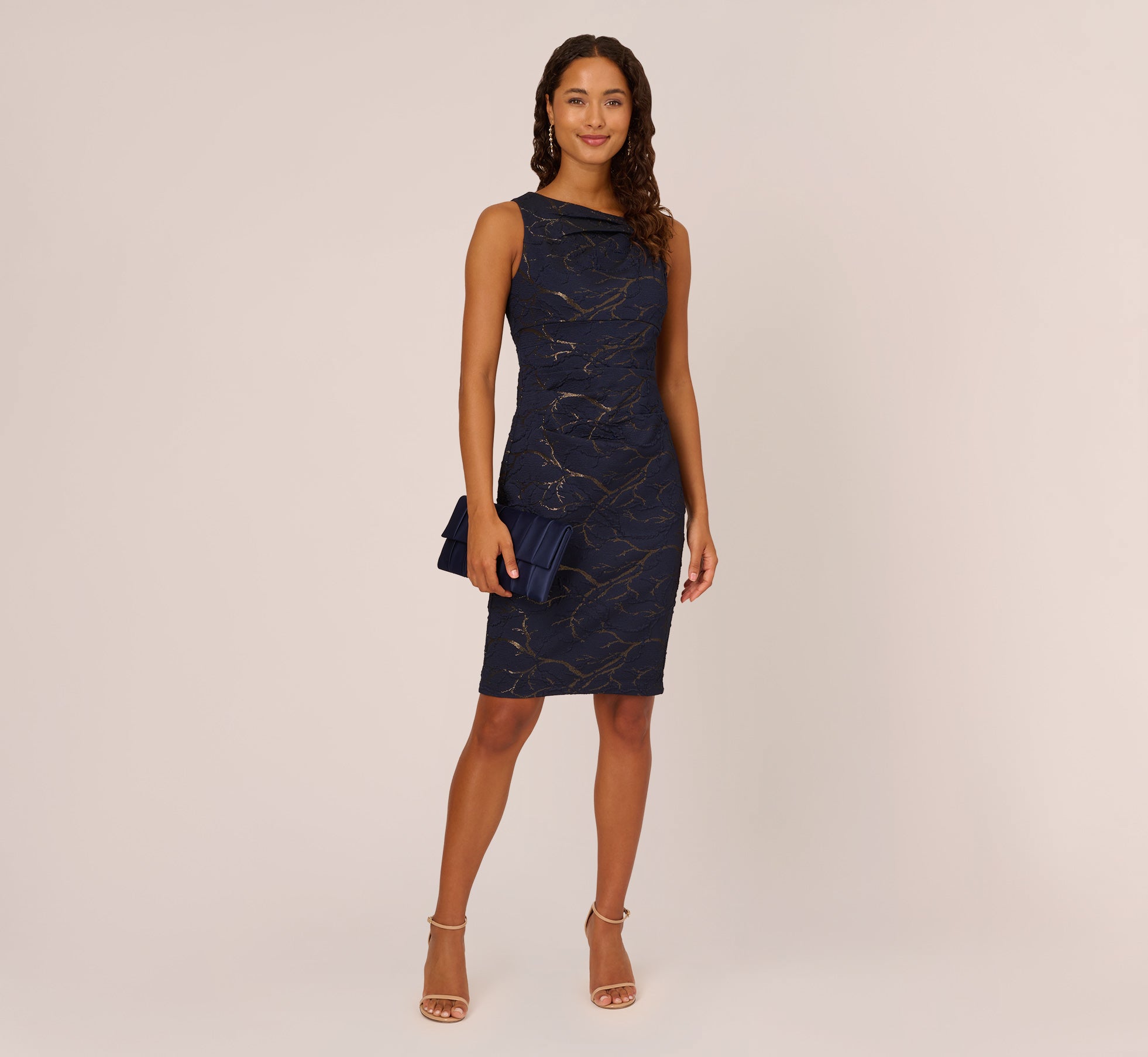 Stretch Jacquard Sleeveless Draped Sheath Dress In Navy、mySite、solidvoid