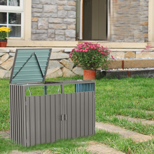 Garbage Bin Shed Stores 3 Trash Cans Metal Outdoor Bin Shed for Garbage Storage,Stainless Galvanized Steel, Bin Shed for Garden Yard Lawn,Grey、、eastwooduniform