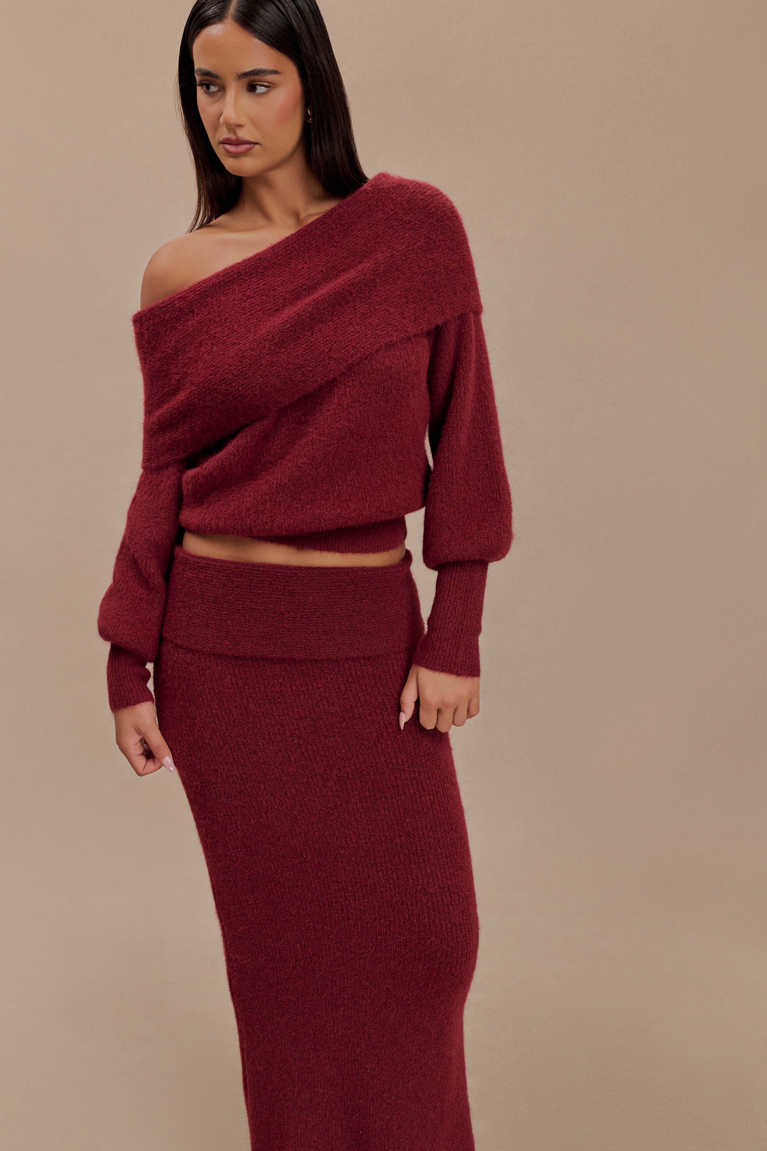 Charlotte Off Shoulder Knit Long Sleeve Top - Merlot、mySite、solidvoid