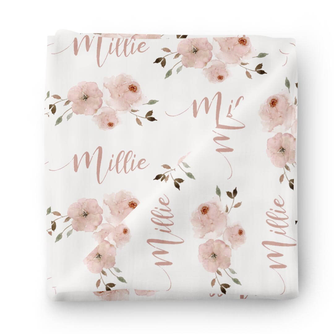  Millie's Dusty Rose Garden Personalized Baby Name Swaddle Blanket、mySite、layawaytickets