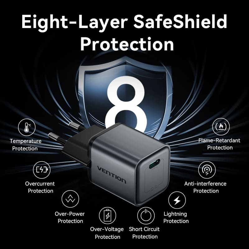 Vention 1-Port USB-C GaN Charger 20W EU-Plug、mySite、fannypackpong