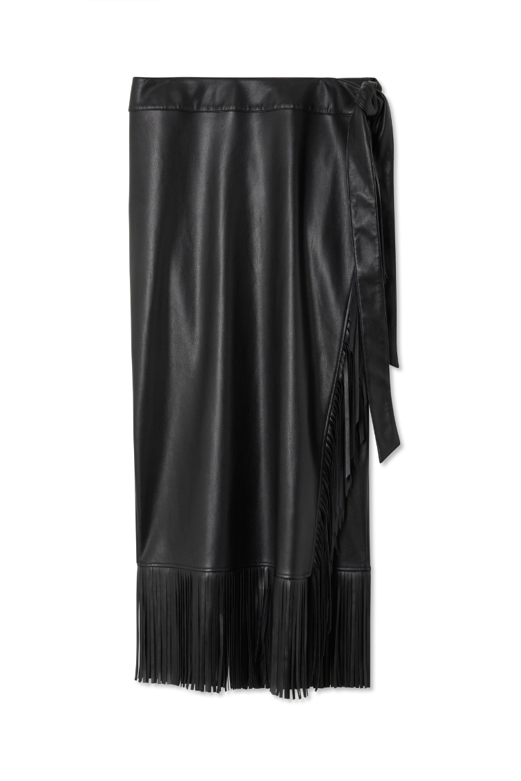Black Vegan Leather Fringe Midi Jaspre Skirt、mySite、solidvoid