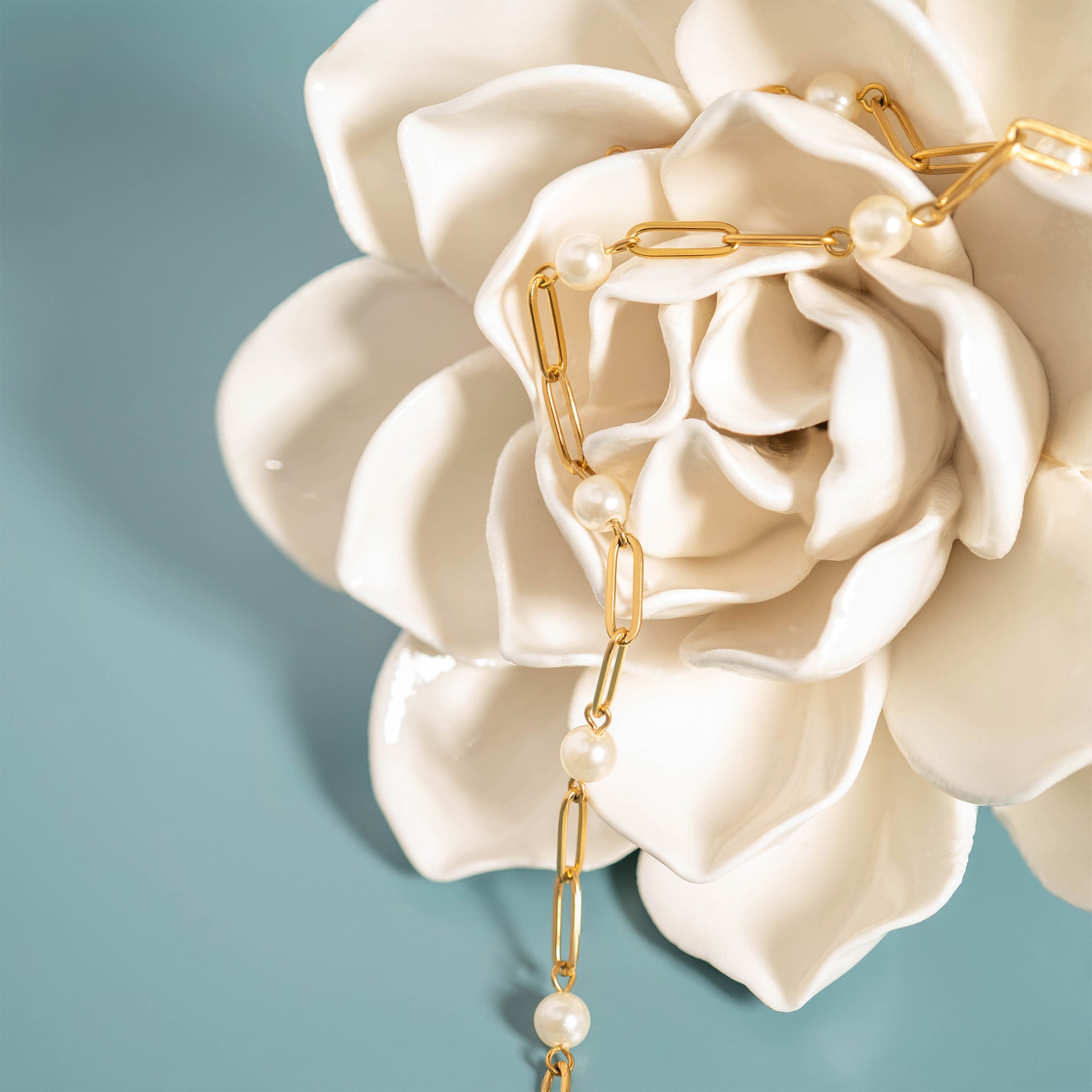 18K Gold PVD Stainless Steel Station Pearl Paperclip Bracelet / BRJ1023、mySite、dreamappss