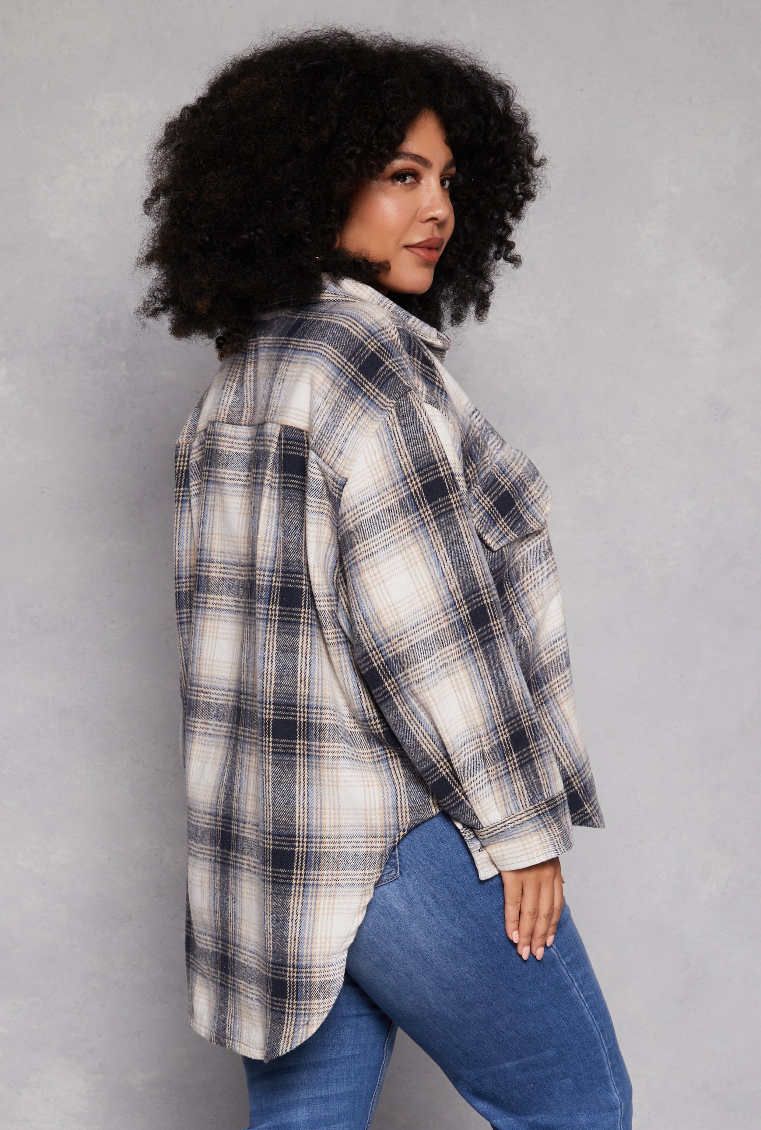 Plus Size High Low Plaid Shacket、mySite、camillekostekn