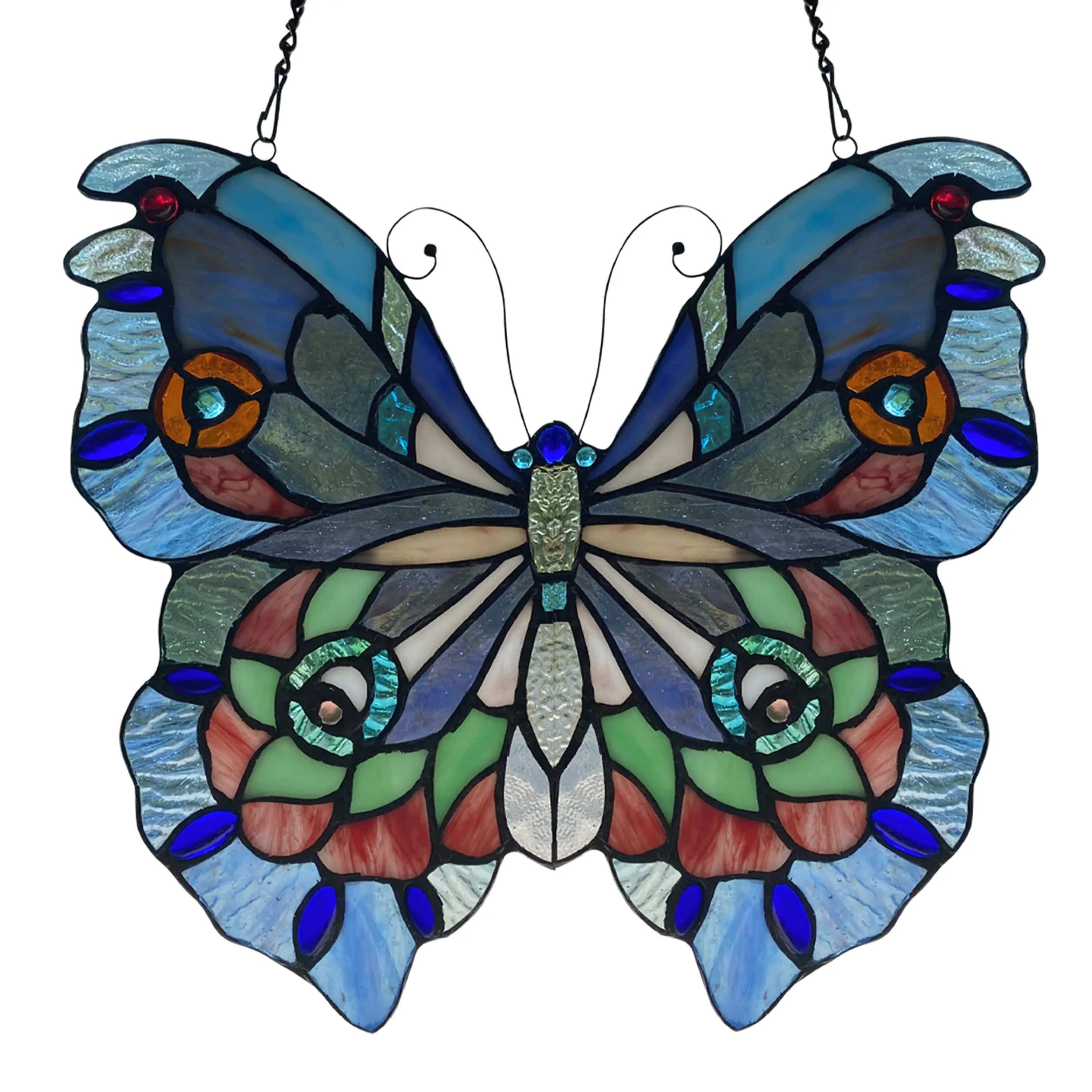 Blue or Colorful Butterfly Tiffany Style Stained Glass Window Hanging 12.5、mySite、g9winljtr