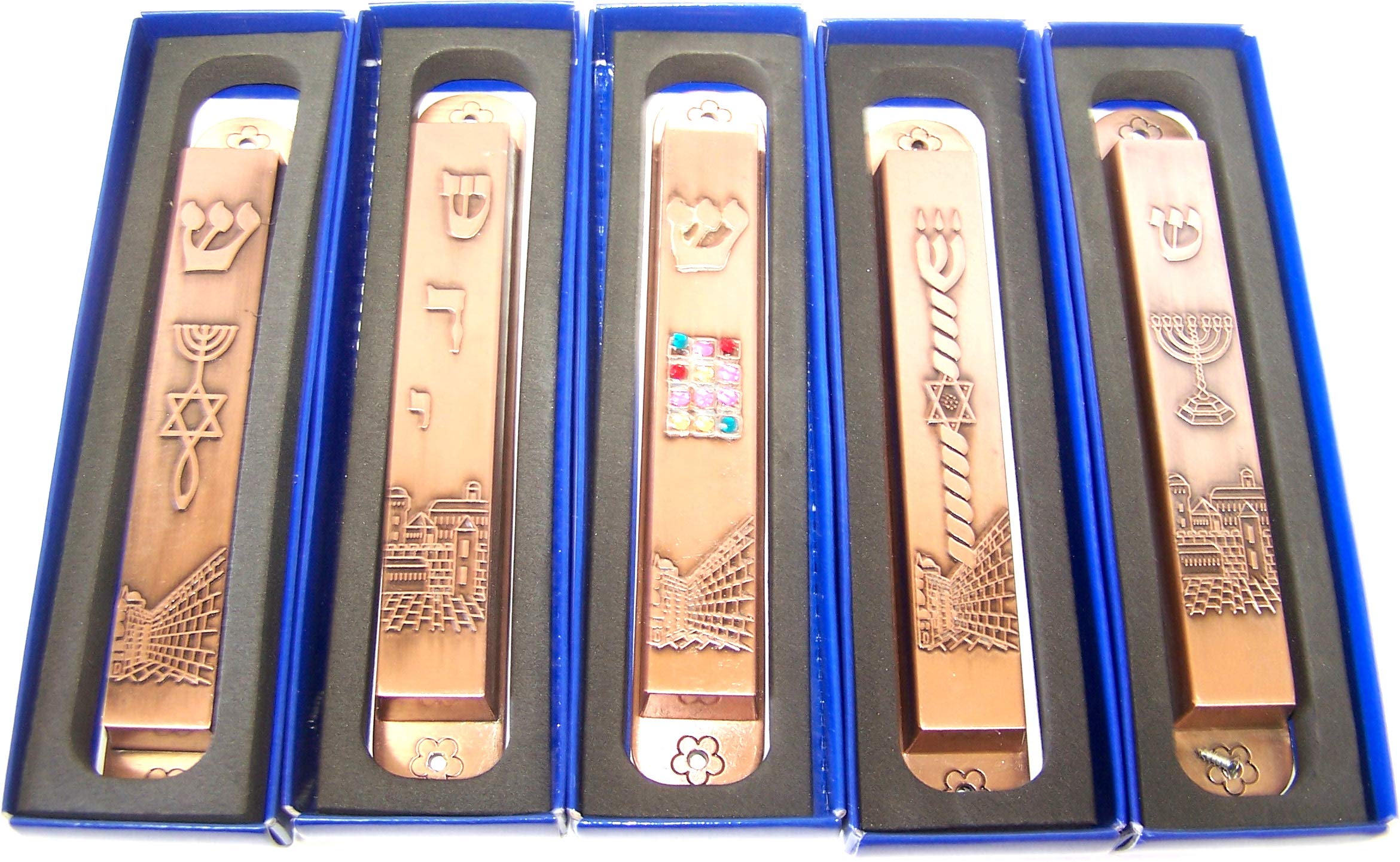 Extra Large Set of 5 Copper Tone with Clean and Smooth Cut and Gold Plated Mezuzahs Symbols with Different enameled Themes. Each is About 5.8 Inches and Comes with Scrolls and Screws for Hanging、mySite、topwebapps