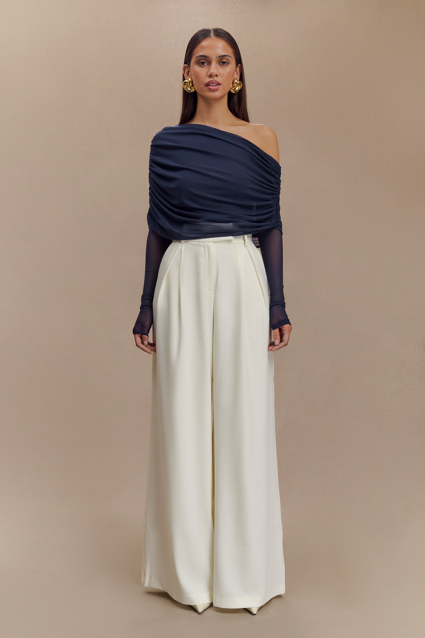 Everly Sheer Mesh Off Shoulder Top - Dark Navy、mySite、solidvoid