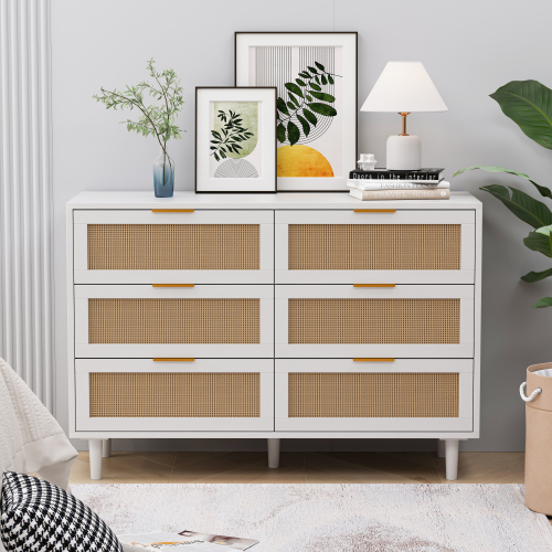 51.18"6-Drawers Rattan Storage Cabinet Rattan Drawer,for Bedroom,Living Room,Natural (Same SKU:W757P198980)、、casual