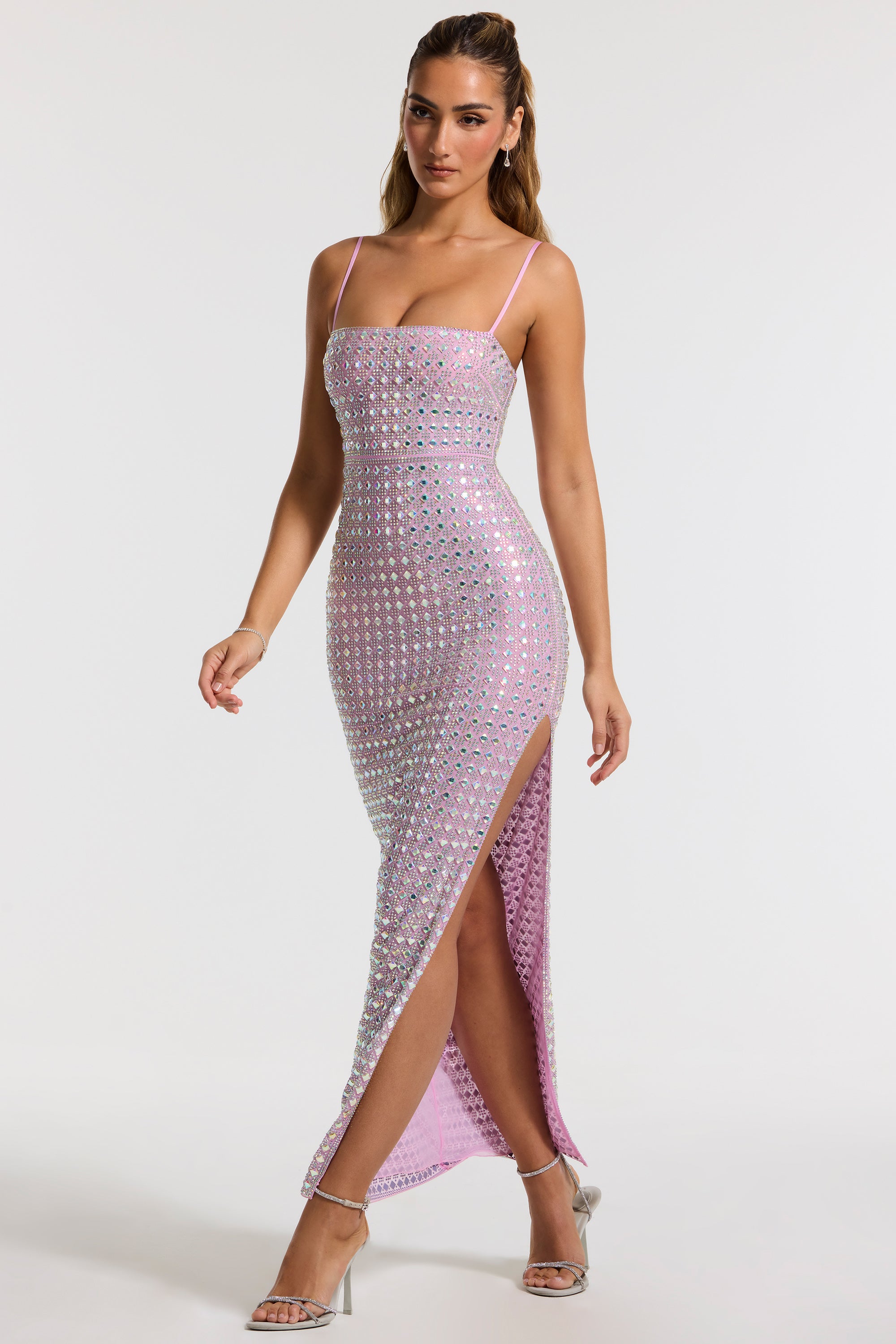 Embellished Square Neck Evening Gown in Lilac、mySite、solidvoid