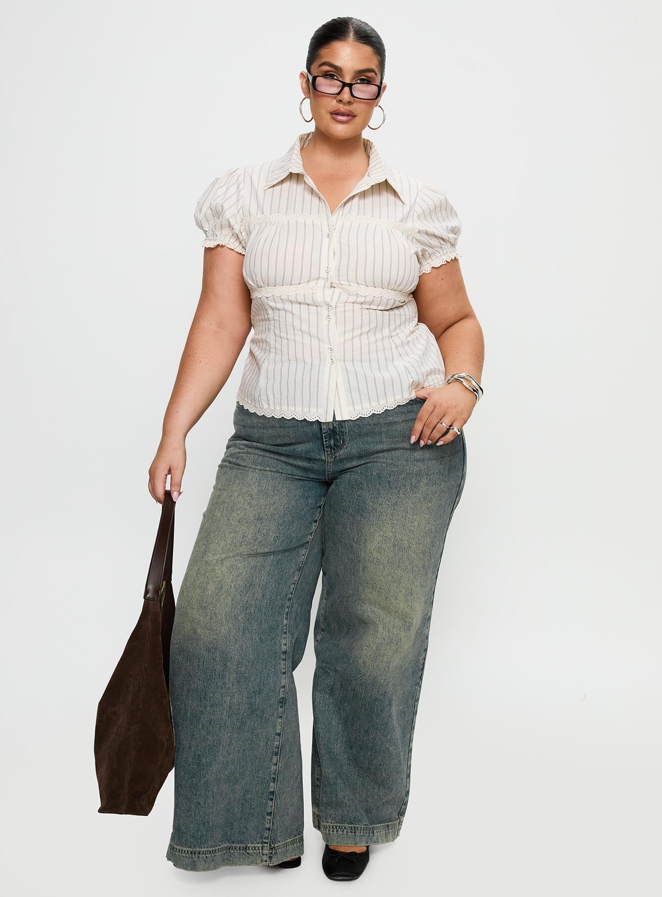 Deserve You Puff Sleeve Button Front Top Cream Stripe Curve、mySite、solidvoid