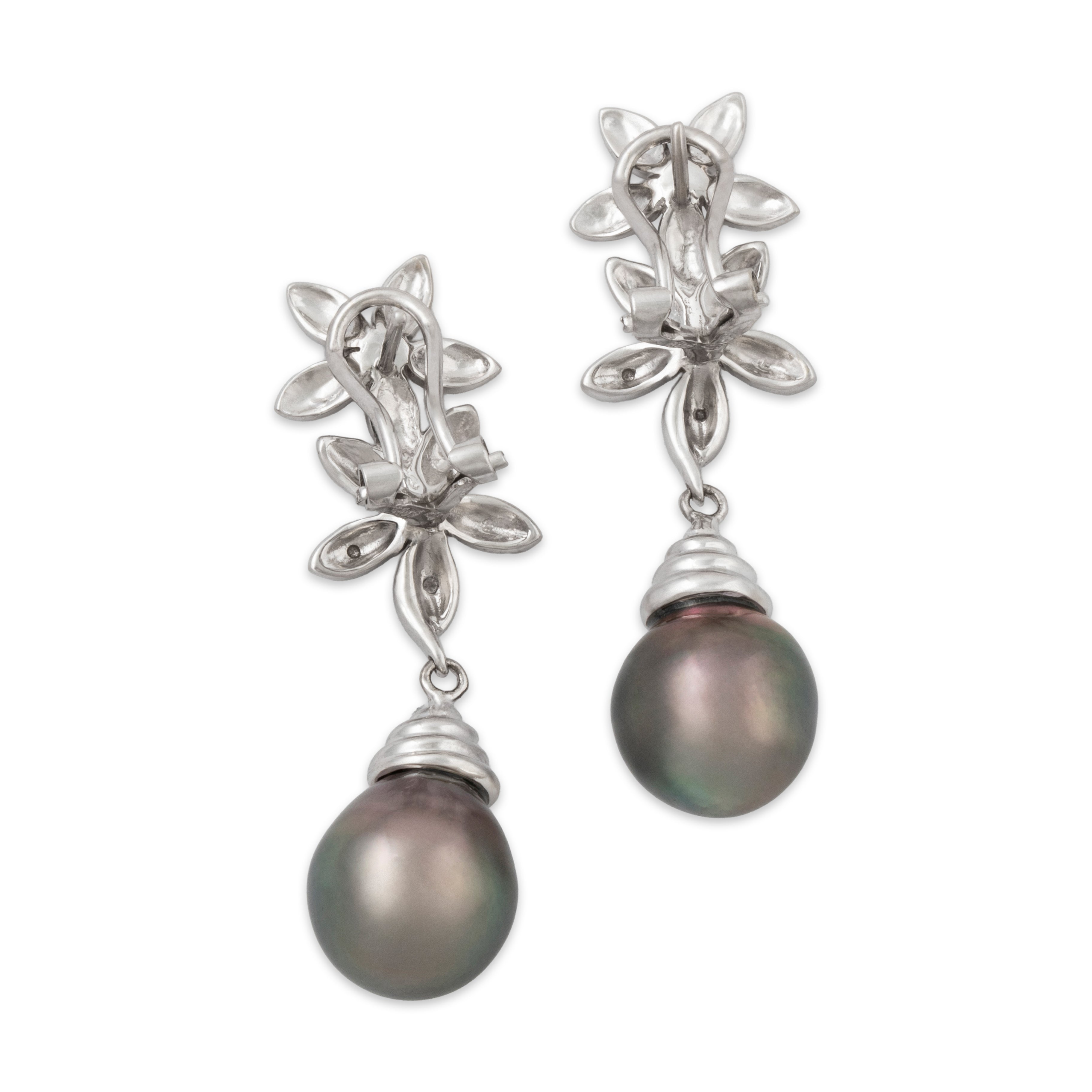 Vintage 14k White Gold Tahitian Pearl Diamond Wonderful Floral Dangle Earrings、mySite、hinf8tx79