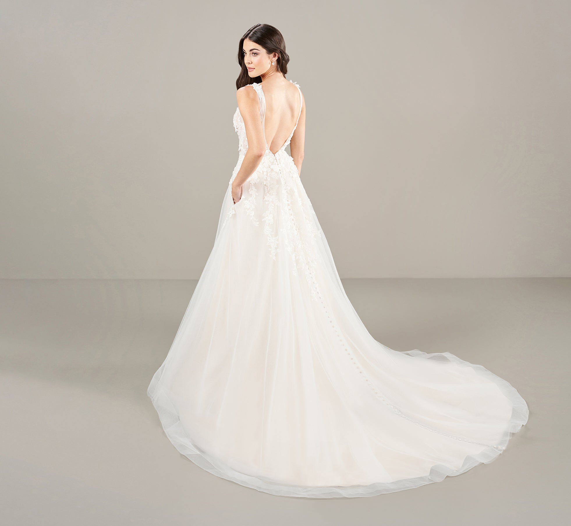 Plunging V Neck A Line Gown In Ivory Almond、mySite、solidvoid