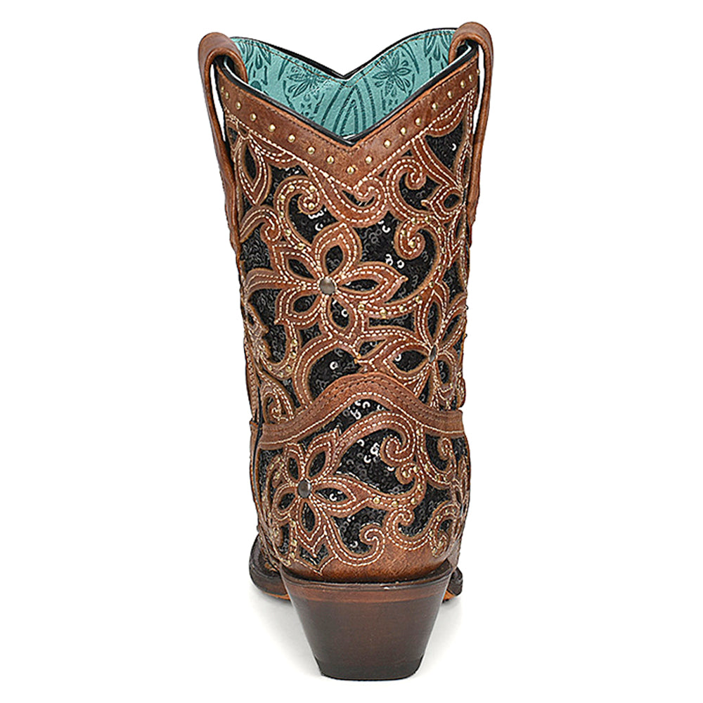 Tan Glitter Inlay Studded Snip Toe Cowboy Booties、mySite、gtrtttuynbv