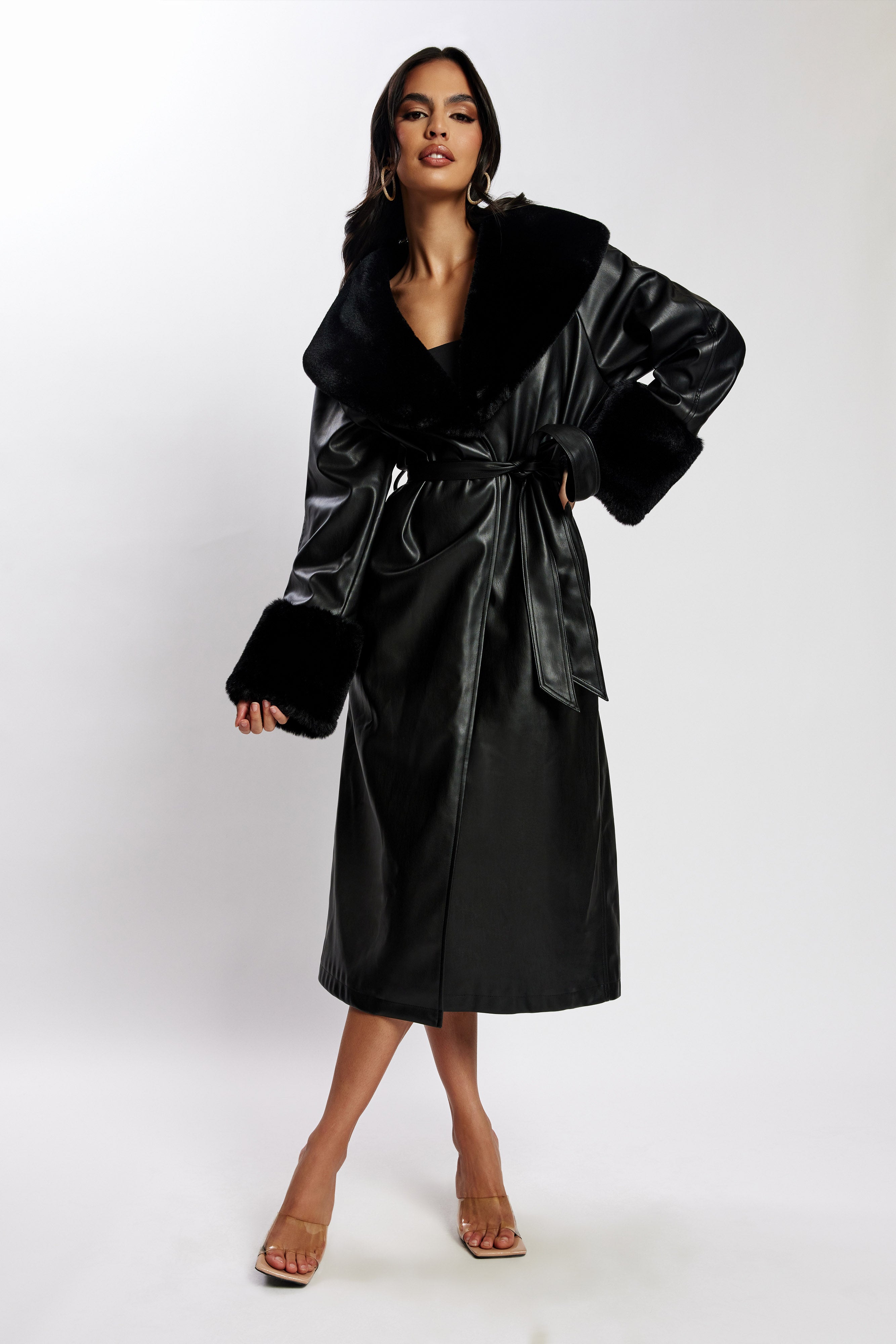 Rebekah Oversized Pu Trench Coat With Fur Trim - Black、mySite、solidvoid