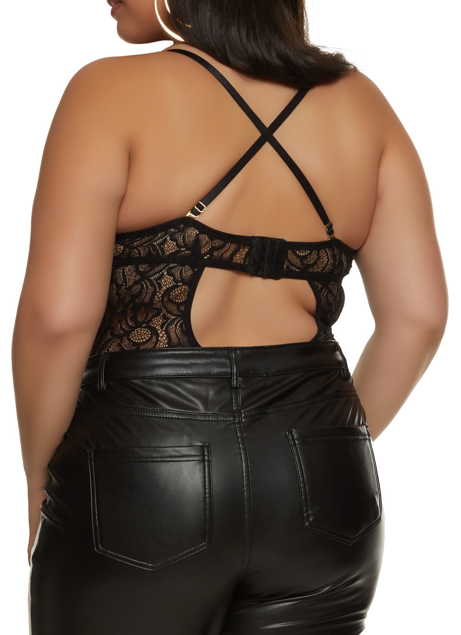 Plus Size Lace Cut Out Back Convertible Bodysuit、mySite、camillekostekn