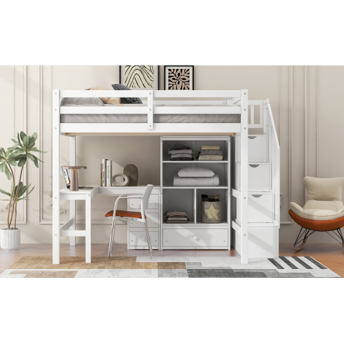 Twin Size Loft Bed with L-Shaped Desk and Drawers, Cabinet and Storage Staircase, White、、casual