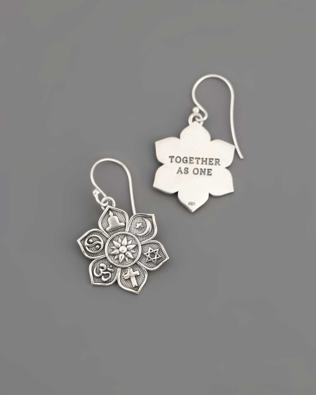 Sterling Silver Coexist Harmony Earrings – Lotus Design with Spiritual Symbols and “Together as One” Engraving、mySite、topwebapps