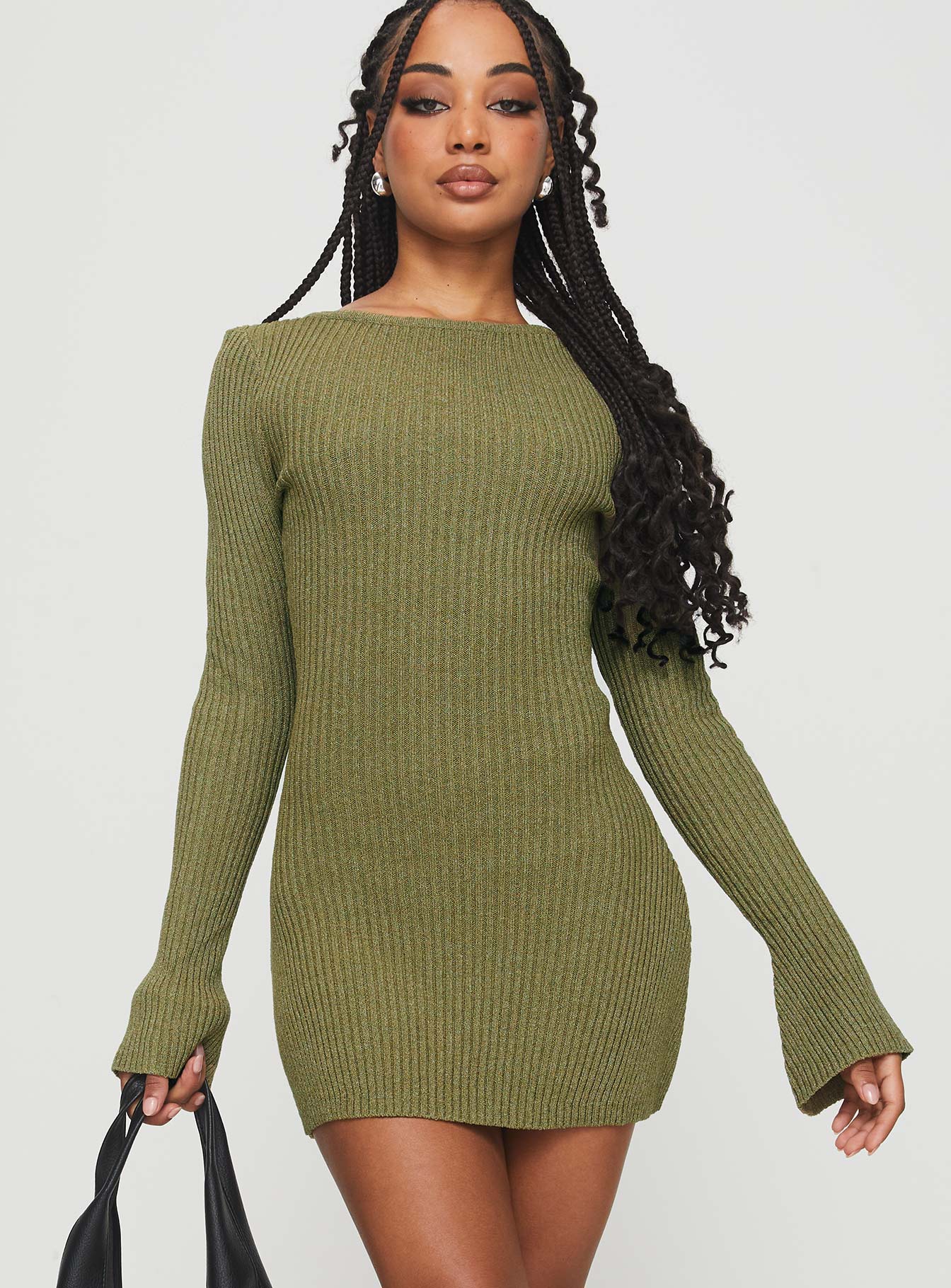 Osment Long Sleeve Knit Mini Dress Olive、mySite、solidvoid