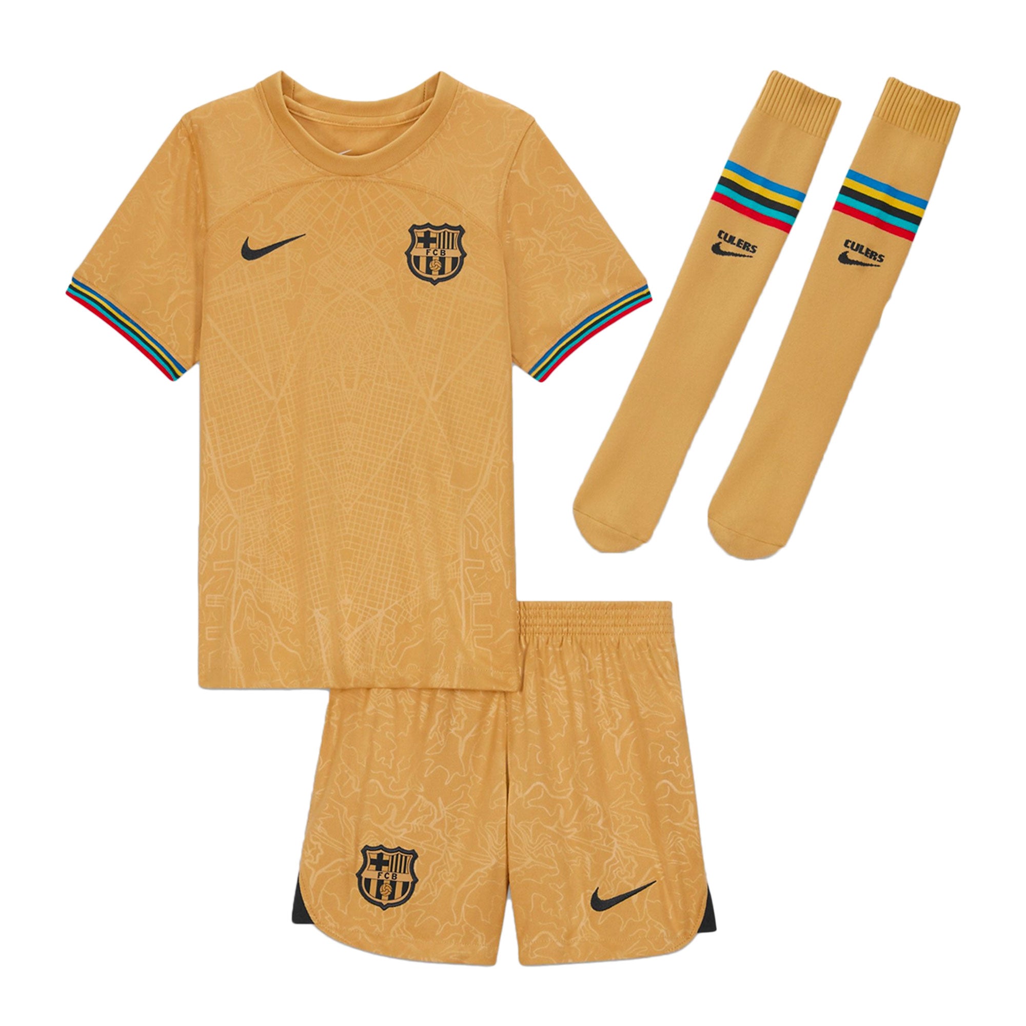 Nike Kids FC Barcelona 2022/23 Away Minikit Club Gold/Obsidian、mySite、noshort
