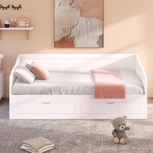 Wooden Daybed with Trundle Bed and Two Storage Drawers , Extendable Bed Daybed,Sofa Bed for Bedroom Living Room,White、、casual