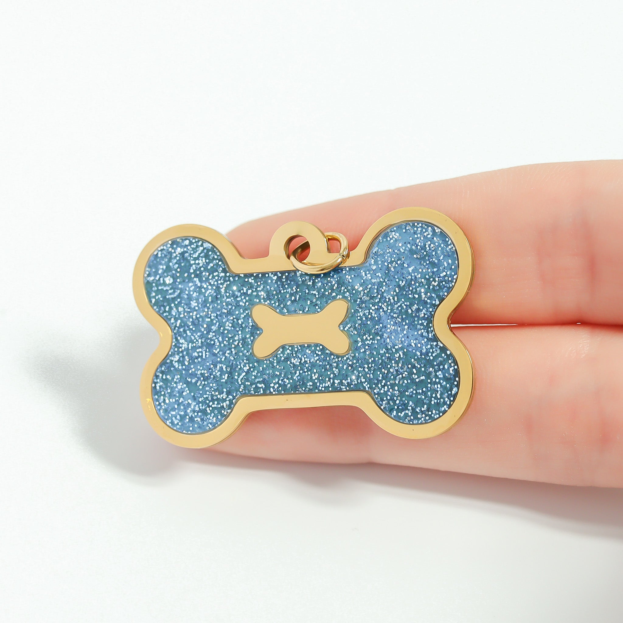 18K Gold PVD Stainless Steel Large Dog Bone Pet Tag With Glitter Epoxy / PDL0165、mySite、dreamappss