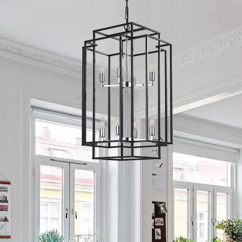 (Same as W1340142525/L1018-C) 18" Modern 8-Light Black & Chrome Geometric Pendant Chandelier, Industrial Metal Frame, Adjustable Hanging Light for Living Room, Dining Room, Kitchen (No Bulbs)、、eastwooduniform