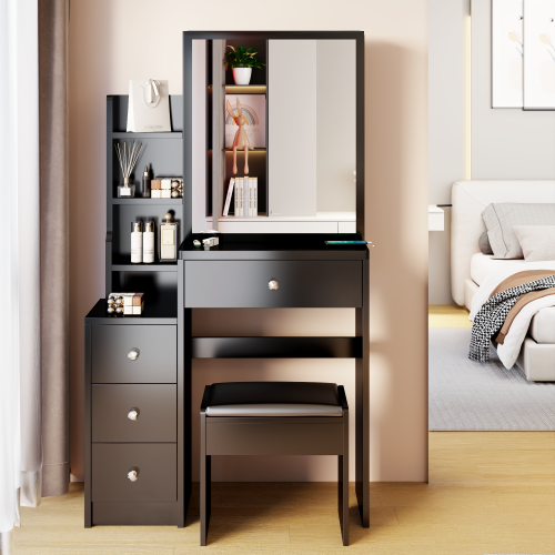 29.2" Small Size Left Bedside Cabinet Vanity Table + Cushioned Stool, Large Sliding, Touch Control, Tri-color Switching, Brightness Adjust LED Mirror, High Capacity Storage, Suitable for Small Space、、xpatfood