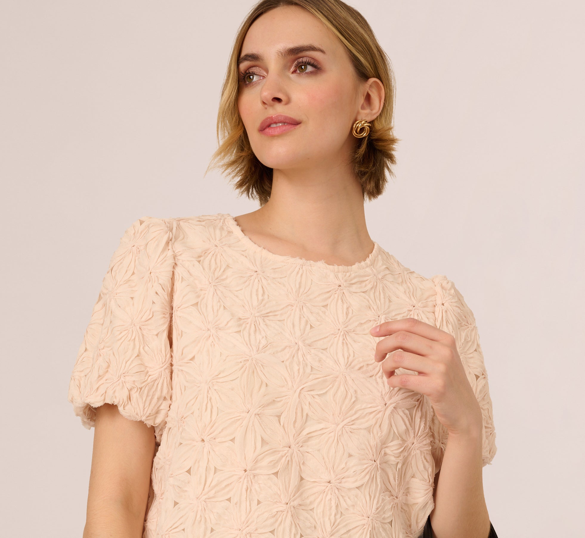 Short Sleeve Floral Crochet Texture Top In Sand Dollar、mySite、solidvoid