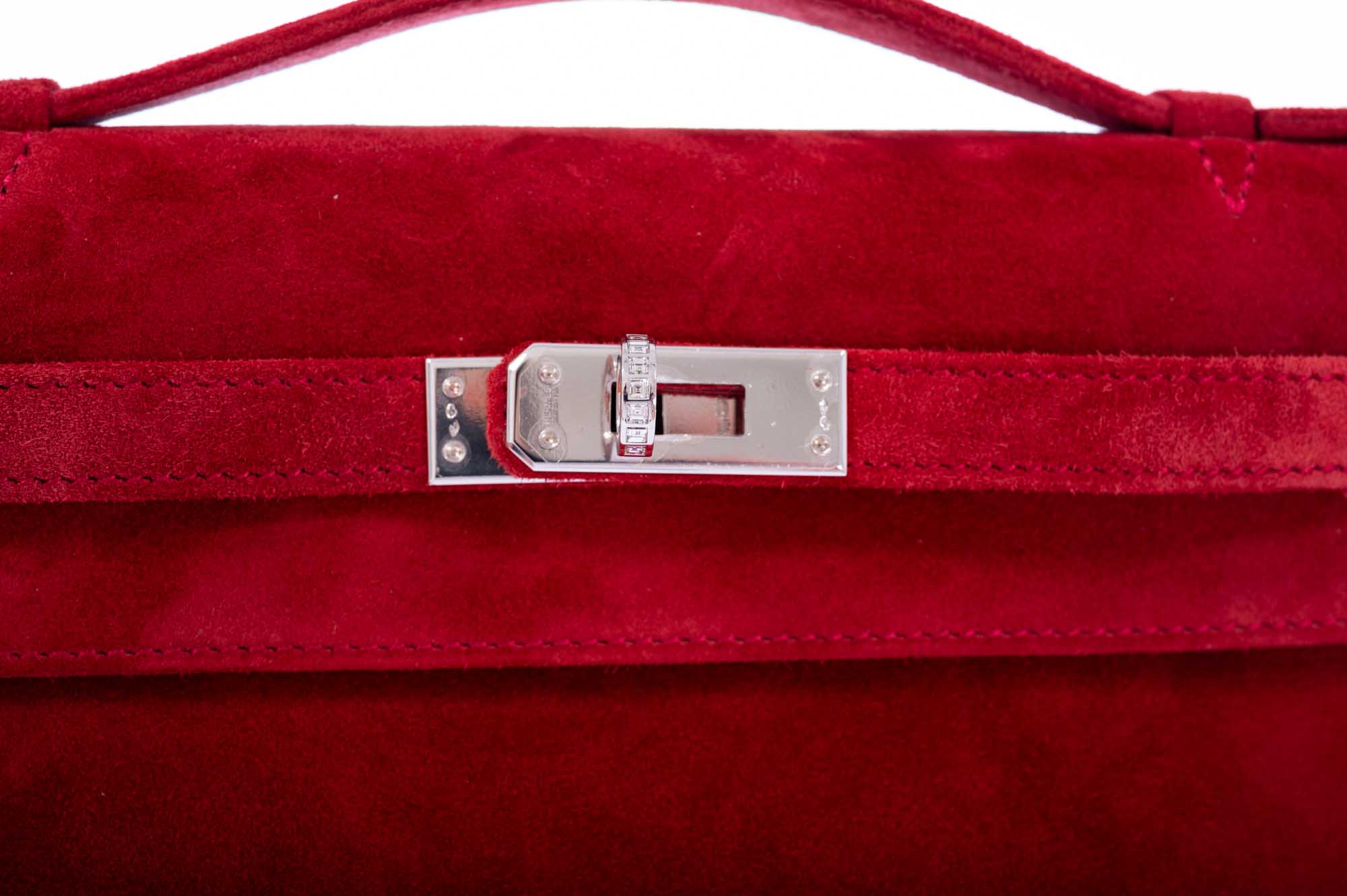 Hermès Exceptional Collection Rubis Veau Doblis Suede Diamond Kelly Pochette with 18k White Gold & Diamond Hardware、mySite、garminoutage.com