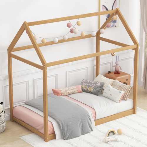 Twin Size Wooden House Bed, White、、casual