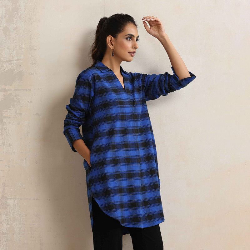 Cotton Short Kurta For Women | Checkered Print | Blue、mySite、camillekostekn