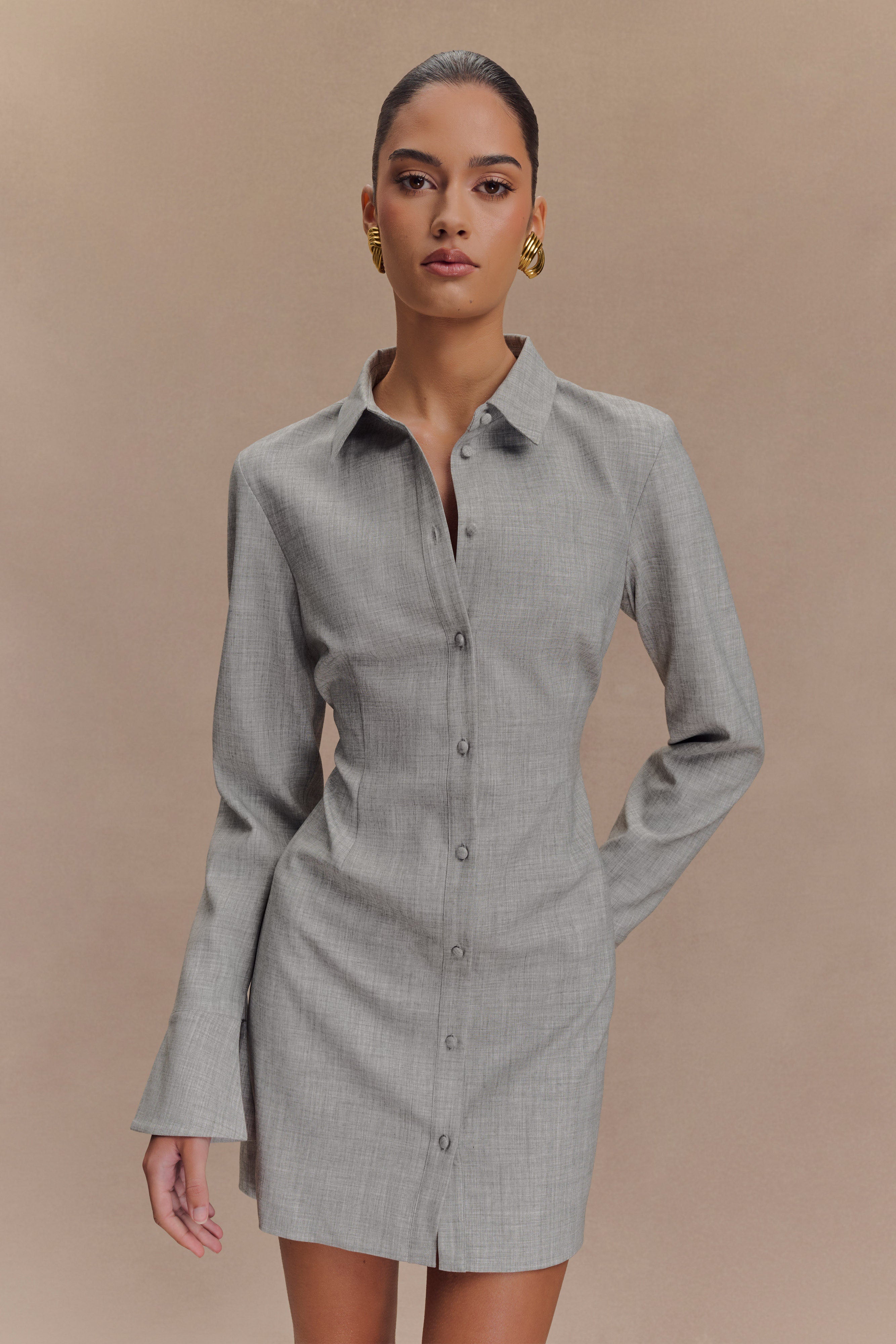 Dorian Fitted Shirt Mini Dress - Charcoal Marle、mySite、solidvoid