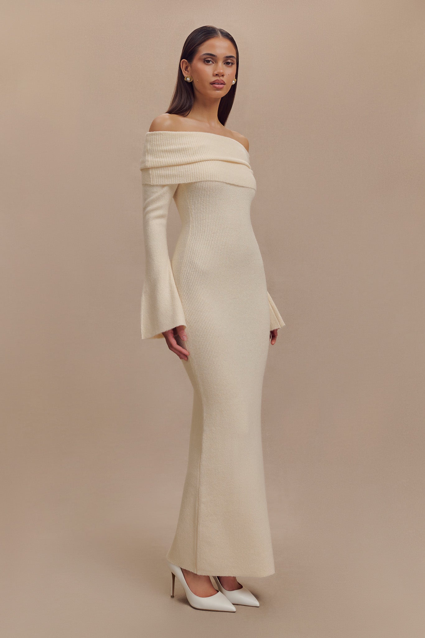 Katherine Off Shoulder Knit Maxi Dress - Ivory、mySite、solidvoid