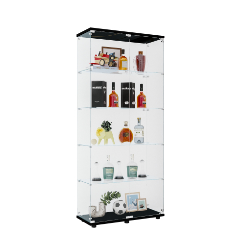 Glass Display Cabinet with 5 Shelves Double Door, Curio Cabinets for Living Room, Bedroom, Office, Black Floor Standing Glass Bookshelf, Quick Installation、、casual