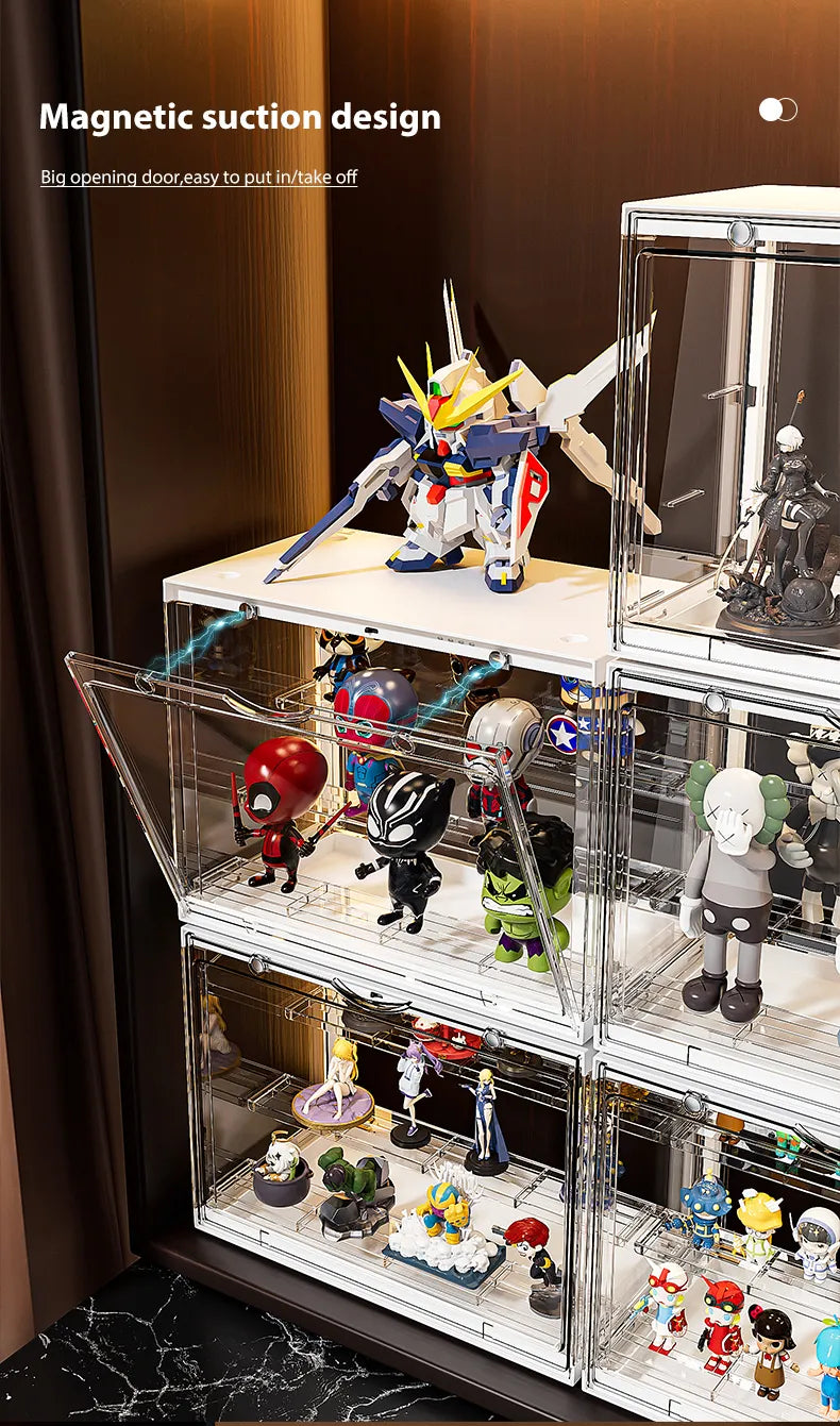 Magnetic suction design for easy access with a big opening door to display figures.