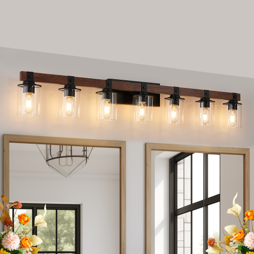 (Same as W1340119957/L1016) 27" Rustic 4-Light Vanity Light, Industrial Bathroom Wall Sconce with Glass Shades and Wood Accent, Modern Farmhouse Lighting Fixture (No Bulbs)、、eastwooduniform
