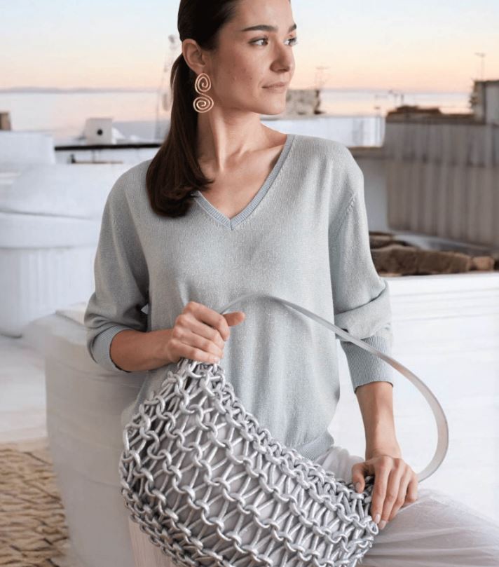 Debbie Katz Wander Cotton/Cashmere/Lurex V-Neck Sweater, Sky Blue、mySite、noshort