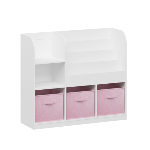 Kids Bookcase and Bookshelf, Multifunctional Bookcase with 3 Collapsible Fabric Drawers, Bookcase Display Stand, Toy Storage Organizer for Bedroom, Playroom, Hallway (White/Pink)、、casual