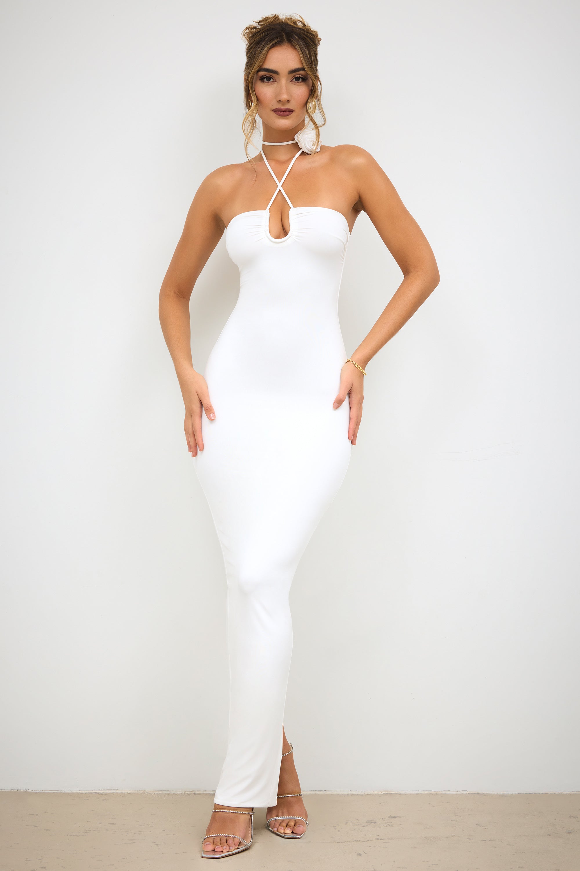 Slinky Jersey Rose Detail Halter Neck Maxi Dress in White、mySite、solidvoid
