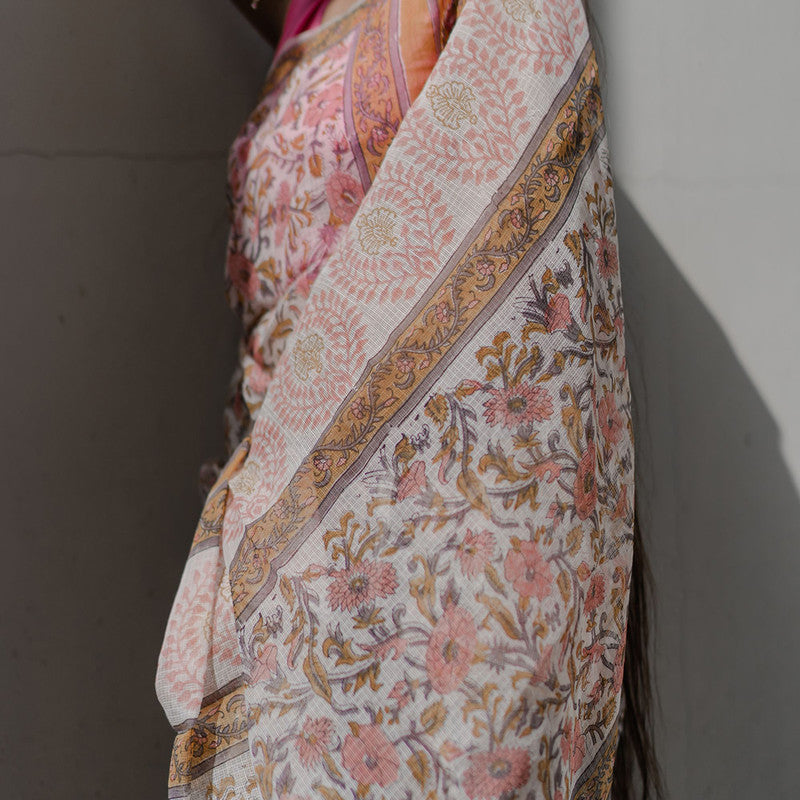 Festive Wear | Kota Doria Sanganeri Print Saree | Beige & Pink、mySite、camillekostekn