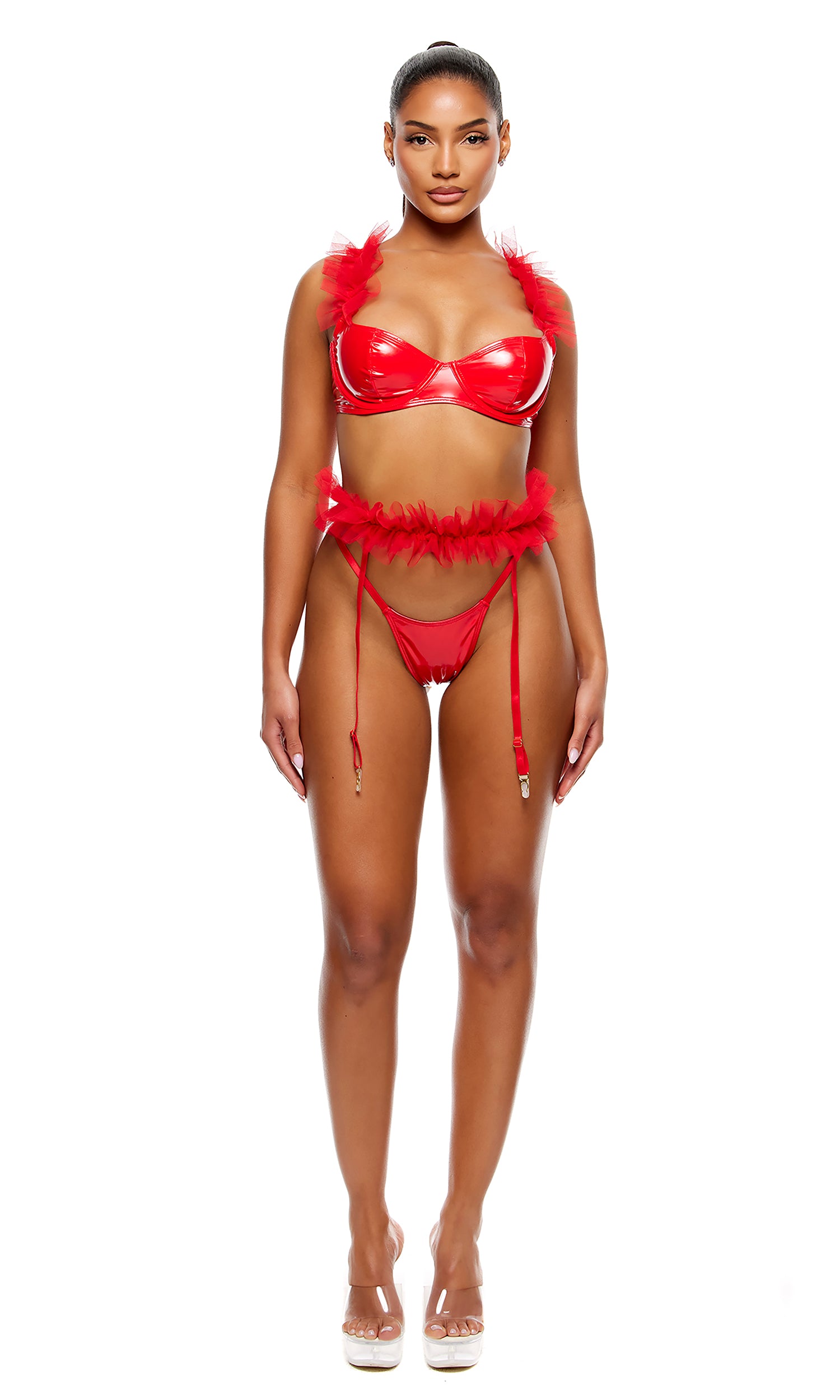 Show and Tulle Vinyl and Mesh Tulle Trim Bra and Garter Belt Lingerie Set - Red、mySite、bengalsvssteelers