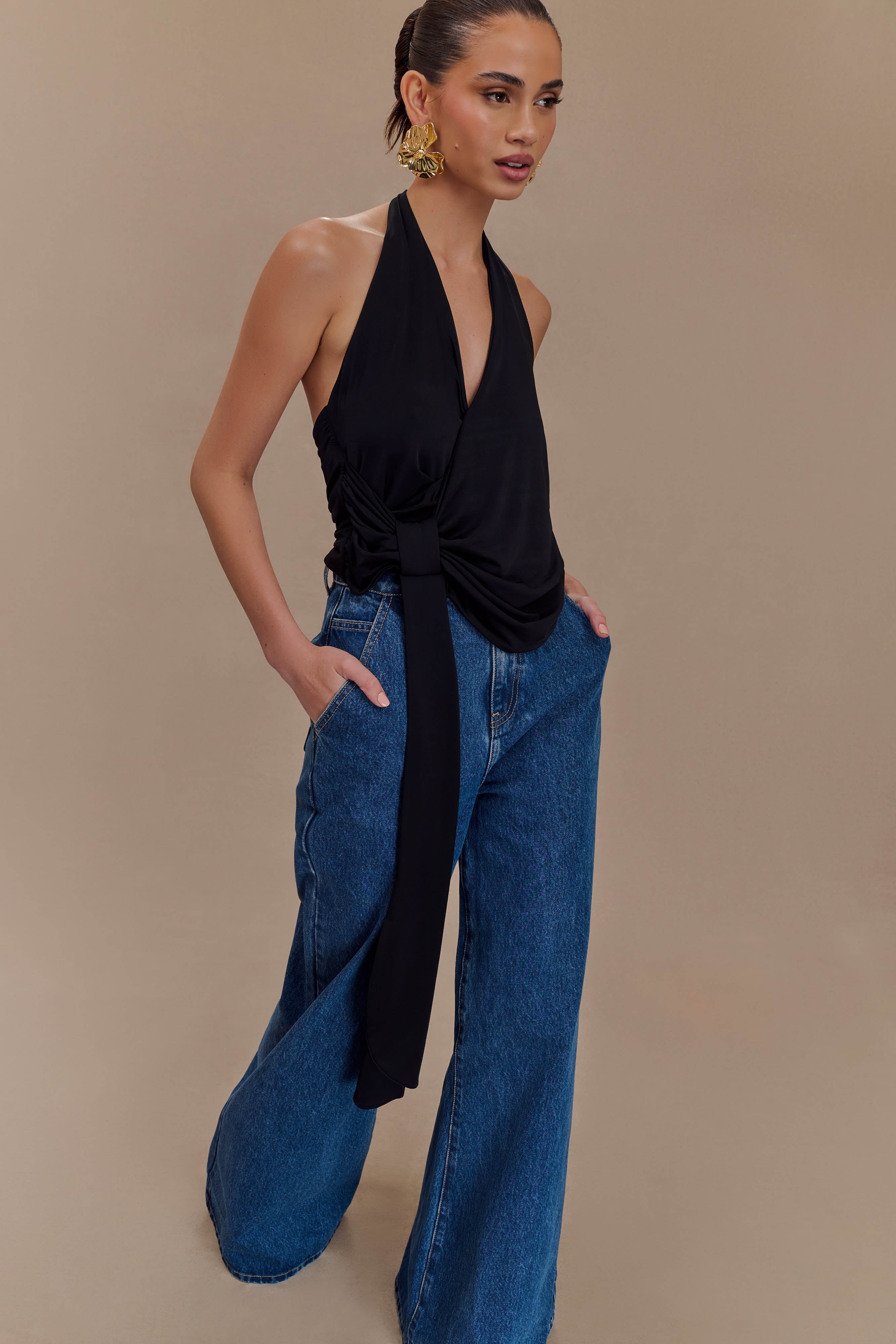 Tyla Draped Slinky Halter Top - Black、mySite、solidvoid