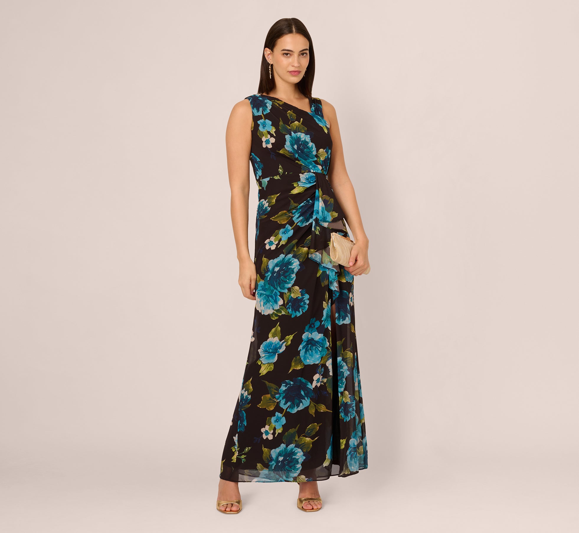 Asymmetrical Draped Floral Chiffon Gown In Black Multi、mySite、solidvoid