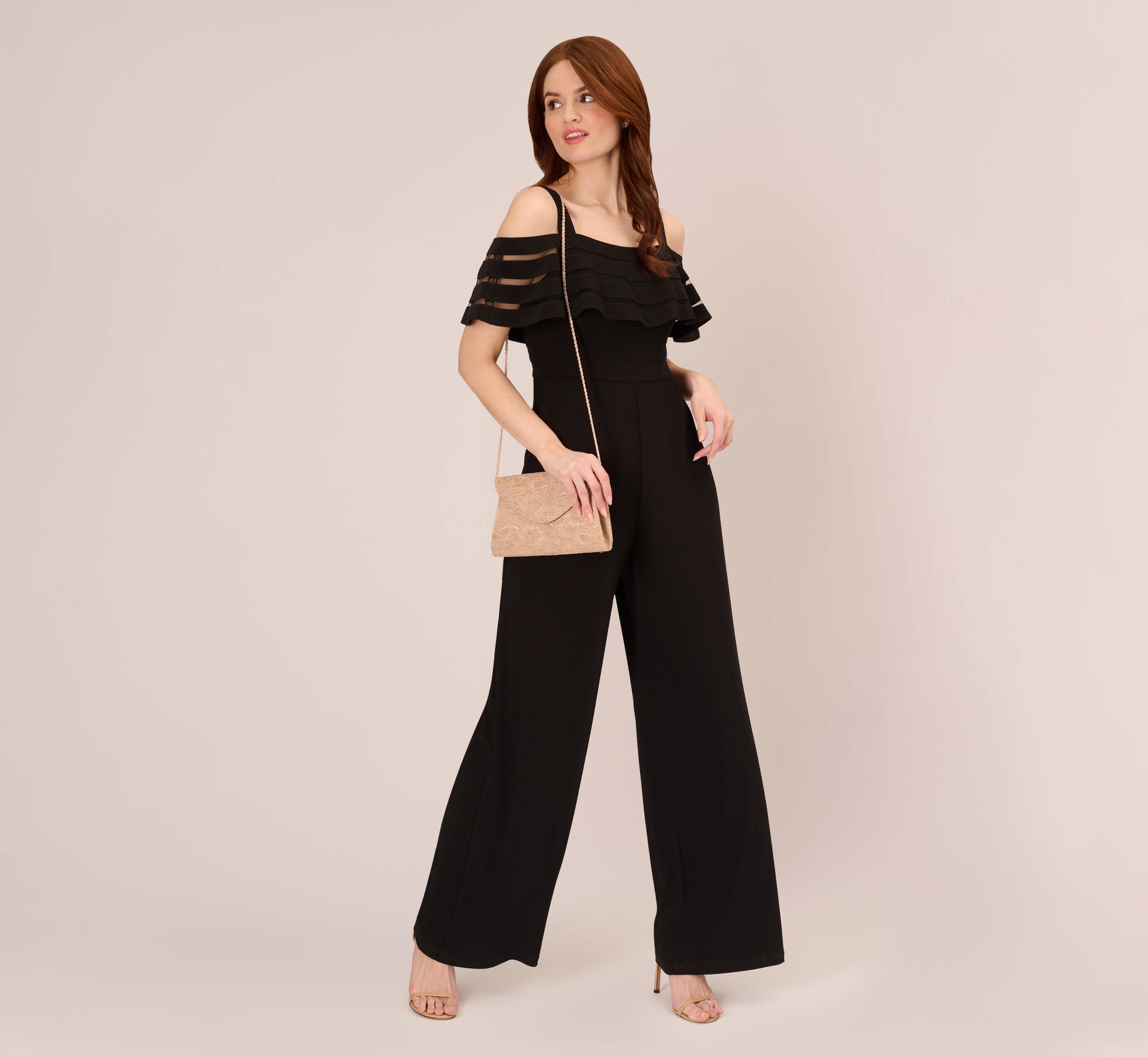 Jersey Banded Ruffled Jumpsuit With Cold Shoulder In Black、mySite、solidvoid