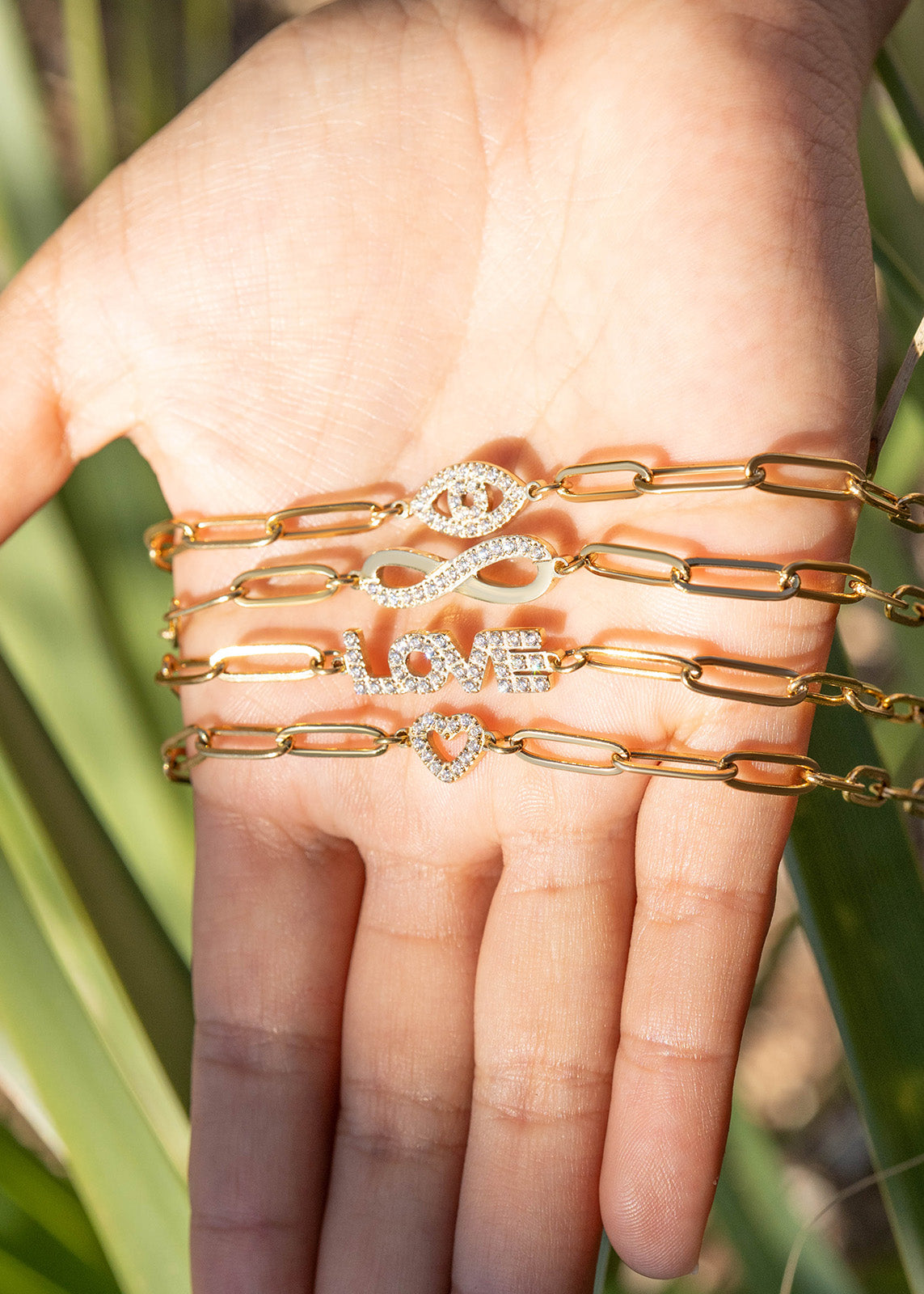 18K Gold PVD Stainless Steel CZ Love Paperclip Chain Bracelet / BRJ1004、mySite、dreamappss