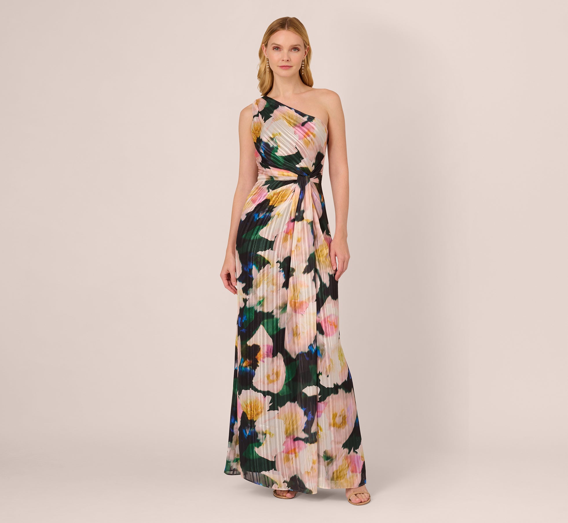 Floral Print Chiffon Gown With One Shoulder Neckline In Black Blush Multi、mySite、solidvoid